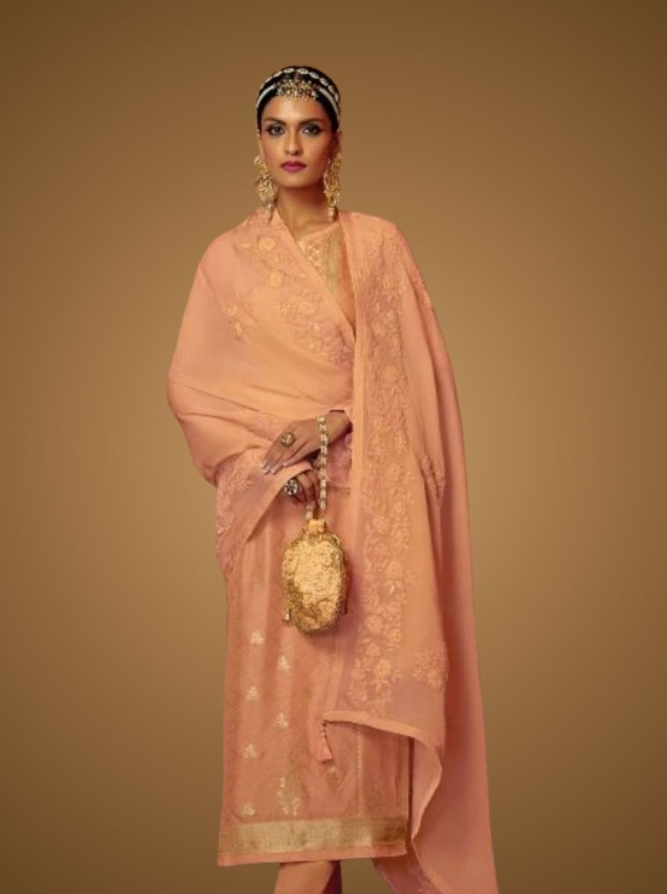 peach-partywear-unstitched-suit-muslin-oraganza-dupatta